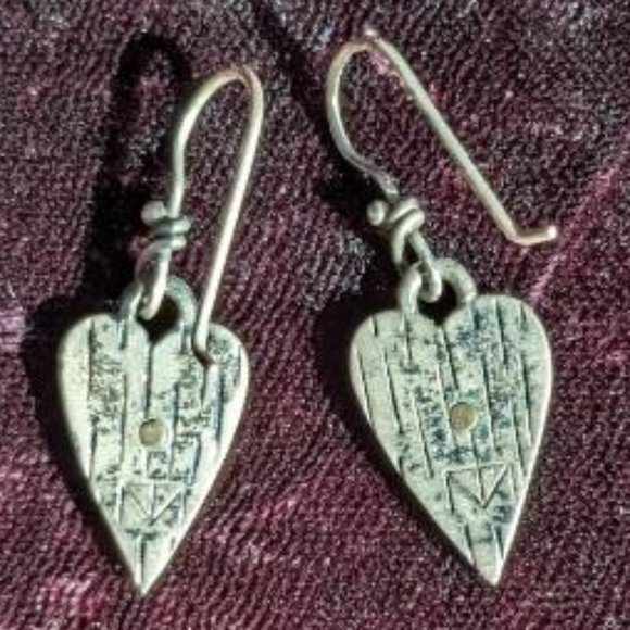 Mixed metal heart dangle earrings, dimensional, sterling wires, designer quality - Picture 4 of 6